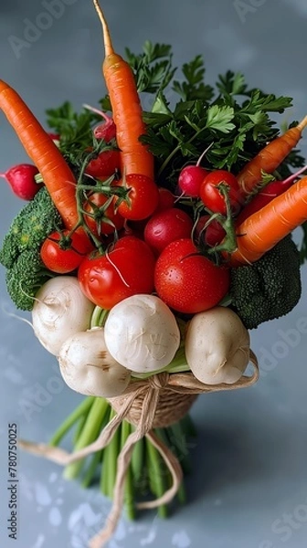 Fototapeta Colorful Fresh Vegetable Bouquet with Radishes, Carrots, and Tomatoes on a Grey Surface