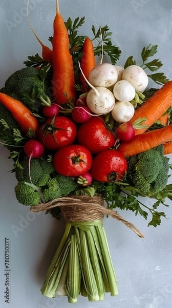 Fototapeta Artistic Arrangement of Fresh Vegetables Wrapped with Twine, Featuring Carrots and Cauliflower