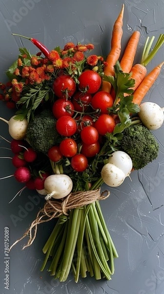 Fototapeta Elegant Bouquet of Fresh Garden Vegetables with Carrots and Green Leaves on a Grey Surface