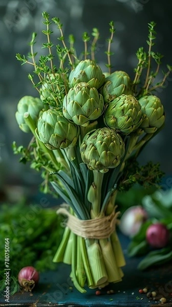 Fototapeta Fresh Green Artichokes Tied in a Bundle with Twine on a Rustic Table