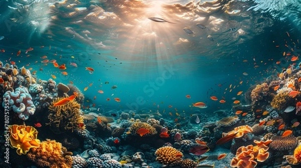 Fototapeta Discover the secrets of the deep blue sea through a captivating panoramic image Showcase a dynamic underwater landscape teeming