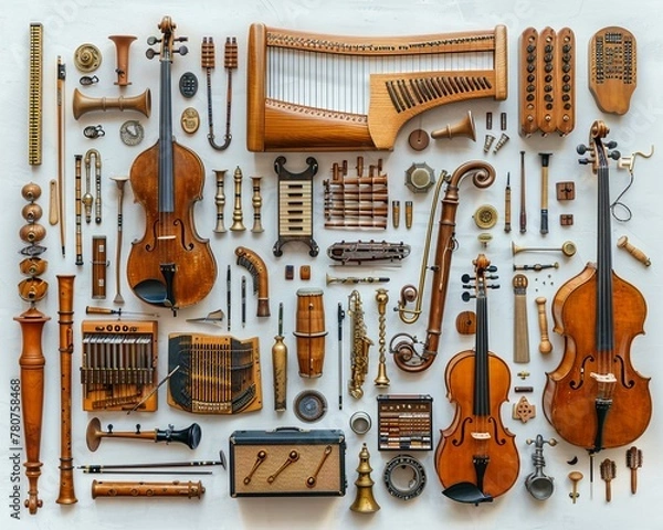 Obraz An artistic composition of musical instruments arranged in a harmonious pattern, celebrating the universal language of music, soft lighting