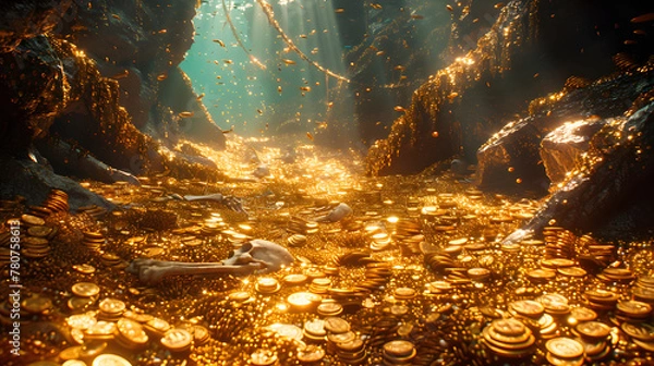 Fototapeta A mound of gold coins on the ocean floor, surrounded by rocks and with light shining down on them.