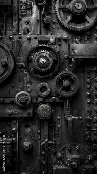 Obraz A black and white photograph of industrial machinery, transformed into abstract art through creative framing and composition, cinematic