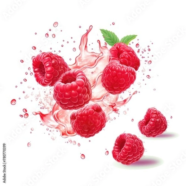 Fototapeta Raspberry in splash summertime minimal isolated on white background. Fresh raspberry swirl flying, berry closeup, juicy.