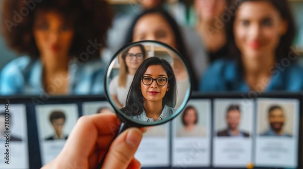 Obraz Magnifying Glass Selecting Candidate from Lineup. A magnifying glass focusing on a selected female candidate amongst a diverse lineup of professionals. HR Human Resources Targeting Concept in Business