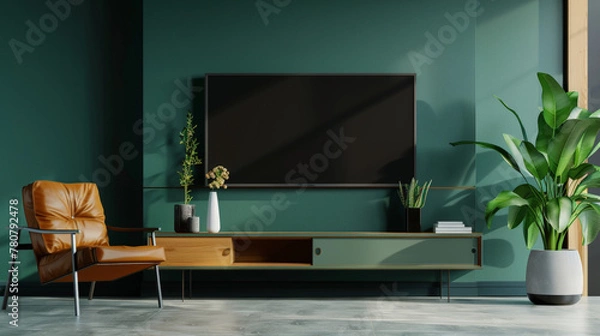 Fototapeta modern living room, dark green, TV on the wall