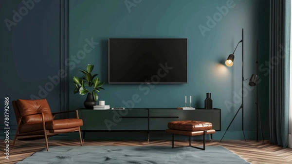 Fototapeta modern living room, dark green, TV on the wall