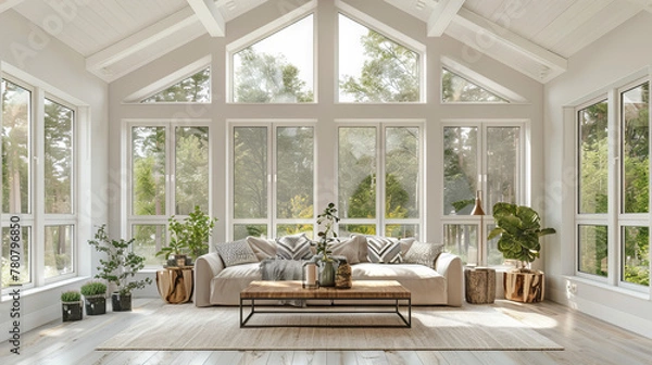 Fototapeta Luxurious Scandinavian Living Room Showcasing a Monochromatic White Color Scheme, High-End Minimalist Furniture, Abstract Ceramic Sculptures, and Potted Snake Plants
