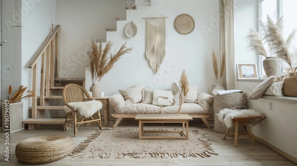Obraz Luxurious Scandinavian Living Room Showcasing a Monochromatic White Color Scheme, High-End Minimalist Furniture, Abstract Ceramic Sculptures, and Potted Snake Plants
