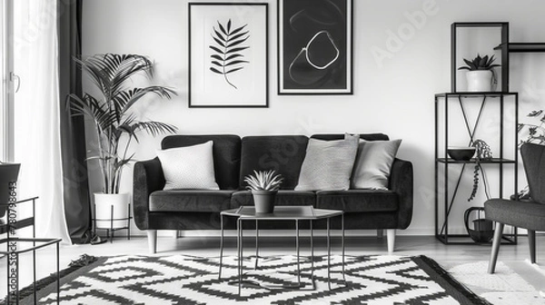 Fototapeta Luxurious Scandinavian Living Room with White Built-In Bookcases, Plush Chaise Lounge, Modern Floor Lamps, and Minimalist Wall Shelves
