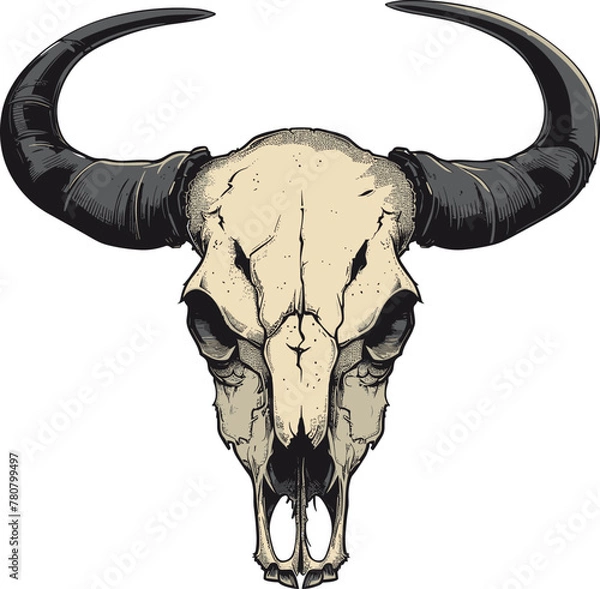 Fototapeta Animal wild skull bone line art vector silhouette. Buffalo skull. Wild west print. Sketch Hand drawn vector illustration, isolated on white.