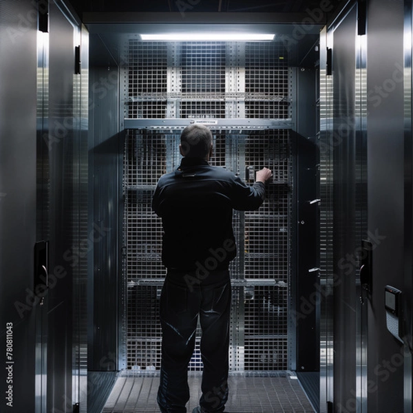 Obraz IT-Security guard closing up a server rack