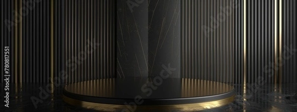 Fototapeta Black background with golden lines and podium for product presentation, luxury design showcase scene, Minimal abstract background for product presentation