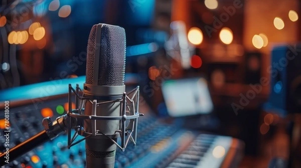 Fototapeta A professional microphone set up in a radio studio