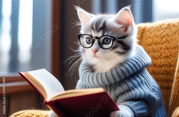 Obraz A cute kitten in glasses and a sweater is sitting in an armchair and reading a book in a cozy room