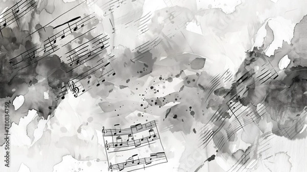 Fototapeta sheet music overlaid on an abstract background of black and grey watercolor splashes