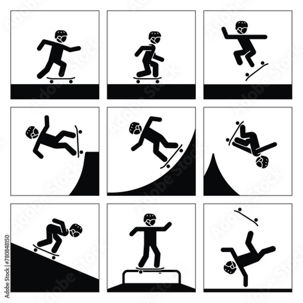 Obraz Pictograms represent performing acrobatics with skateboard. Icons of extreme adrenaline sport.