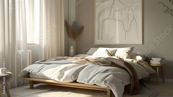 Obraz cozy modern scandi style bedroom with wooden bed, white and beige blanket and pillow, sunlight from window, cream curtain on grey wall with art, plant, for interior design background 