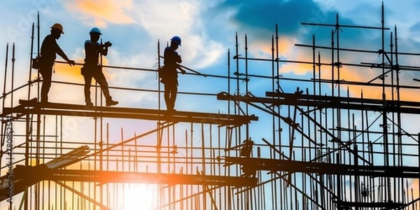 Fototapeta Silhouette construction industry team safely to work load concrete building blurred background