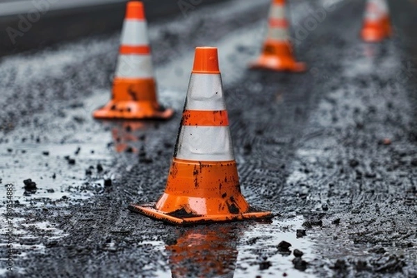 Fototapeta Fresh asphalt section of road marked by construction cones
