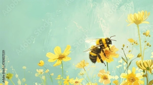 Fototapeta watercolor illustration, vintage style, World Bee Day, honey bee among yellow flowers on a blue background, copy space, free place for text