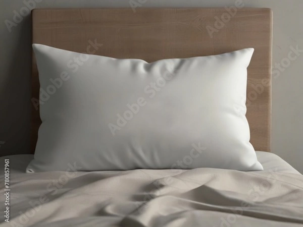 Fototapeta Bed maid-up with clean white pillows and bed sheets in beauty room. Close-up. Lens flair in sunlight.Ai Generative