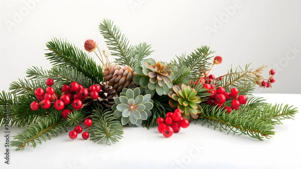 Fototapeta Festive Holiday Arrangement with Pine Cones and Red Berries