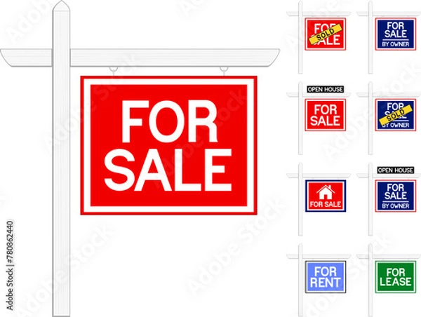 Fototapeta Vector illustration of a variety of different real estate for sale/for rent signs.