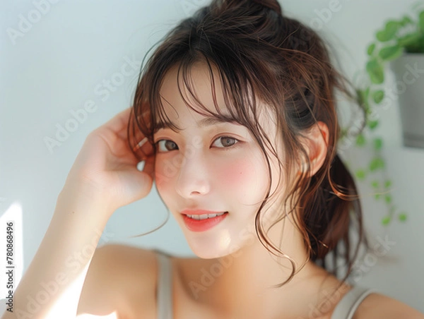Obraz 自宅で肌を確認している女性