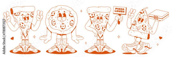 Fototapeta A set of cool pizza characters in sneakers and various poses in a monochrome palette. Trendy retro groovy style. Maskots for bar, restaurant, cafe.