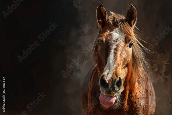 Fototapeta horse showing tongue portrait oil painting with photo with copy space for text