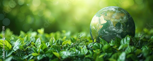 Fototapeta A green background with an earth globe and plant leaves. Green background, soft ambient light. Environmental protection and the planet's health in ecofriendly technology concept.