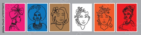 Fototapeta Set of vector seamless pattern include women figures and plants inspired by Matisse. Cut paper different women poses for poster, logos, patterns and covers. Trendy minimal creative style