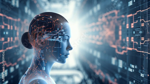 Fototapeta Artificial intelligence in humanoid head.  artificial intelligence face.