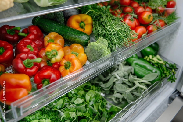 Fototapeta Photo of a vegetable drawer in the refrigerator filled with colorful vegetables, peppers, tomatoes, broccoli and herbs.