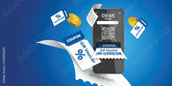 Obraz Coupon up to 50% off black rips floating in air with coin. all on  blue background.gift voucher 50% discount on shopping.summer offer ends weekend holiday.Big sale and super sale coupon code discount