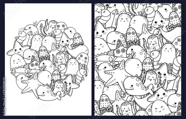 Fototapeta Doodle sea animals coloring pages set. Black and white templates bundle with cute fish characters. Outline background with whale, jellyfish, shrimp and more. Vector illustration