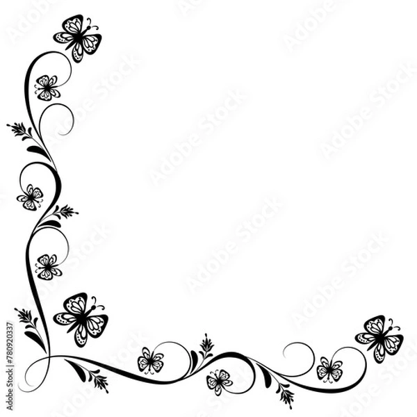 Obraz Floral corner ornament with flowers, butterflies and foliage in retro style isolated on white background.