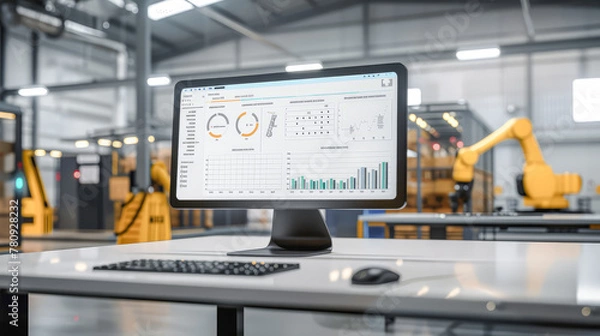Fototapeta  Mockup of modern monitoring with AI control on several desktop computers In the background is a modern 4.0 factory environment with robot arms and assembly lines