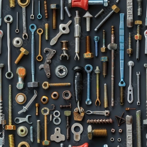 Fototapeta Various types of screws and nuts, suitable for hardware projects