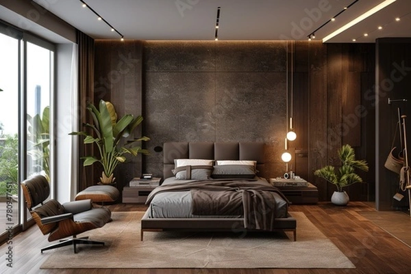 Fototapeta 3D rendering unveils a luxurious bedroom interior with dark-toned bedding, a modern style stone and wooden headboard, and wooden flooring. A perfect blend of sophistication and comfort, 