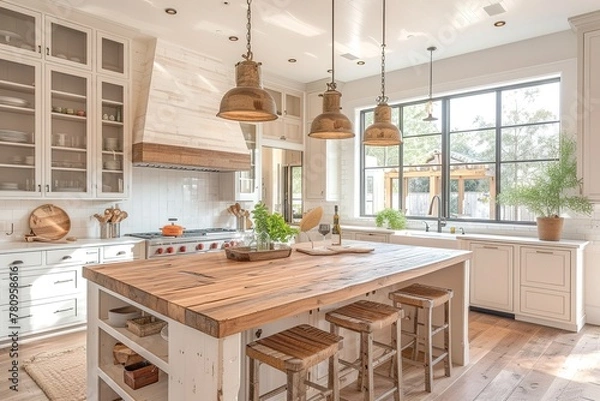 Obraz Coastal farmhouse kitchen with whitewashed cabinets and butcher block countertops