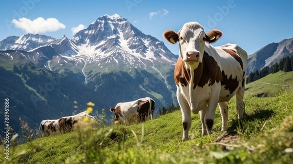 Fototapeta Breathtaking image of a cow peacefully grazing in a meadow with snow-capped mountains in the background. Generative AI