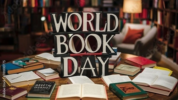 Obraz A captivating photo of various books spread across a wooden table, with an artistic typography display saying "World Book Day" at the top. The books have different colors and sizes