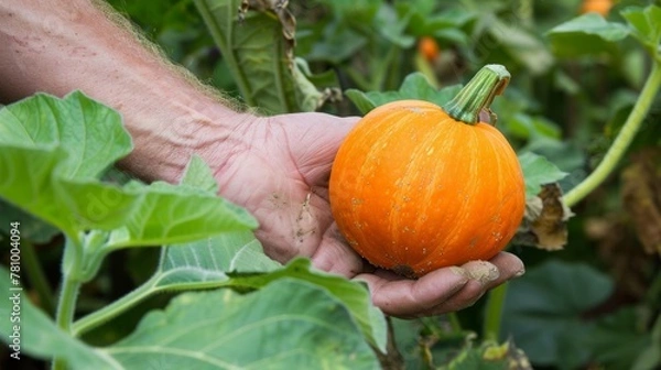 Fototapeta A closeup of a farmers hand holding a ripe plump pumpkin. The vibrant orange skin of the pumpkin stands out against the green leaves of the plant. This versatile crop can be used not .