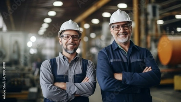 Fototapeta Engineers standing together in an industrial setting - Two smiling engineers in protective gear and glasses standing in an industrial facility