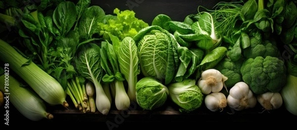 Fototapeta Assorted colorful and fresh vegetables displayed in a close-up on a wooden table