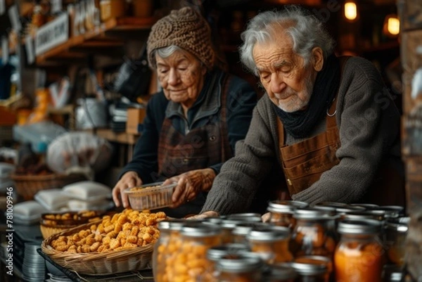Fototapeta An elderly couple carefully handles produce at a local food bank, dedicating time to help others.