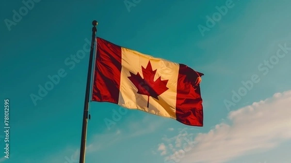 Obraz Canadian flag with maple leaf fluttering against bright blue sky